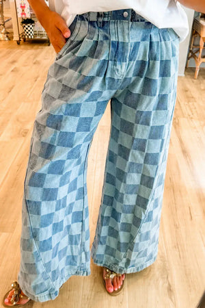 Bella Road Checkered Wide Leg Jeans with Pockets