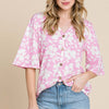 Floral Decorative Button V-Neck Top - Pink