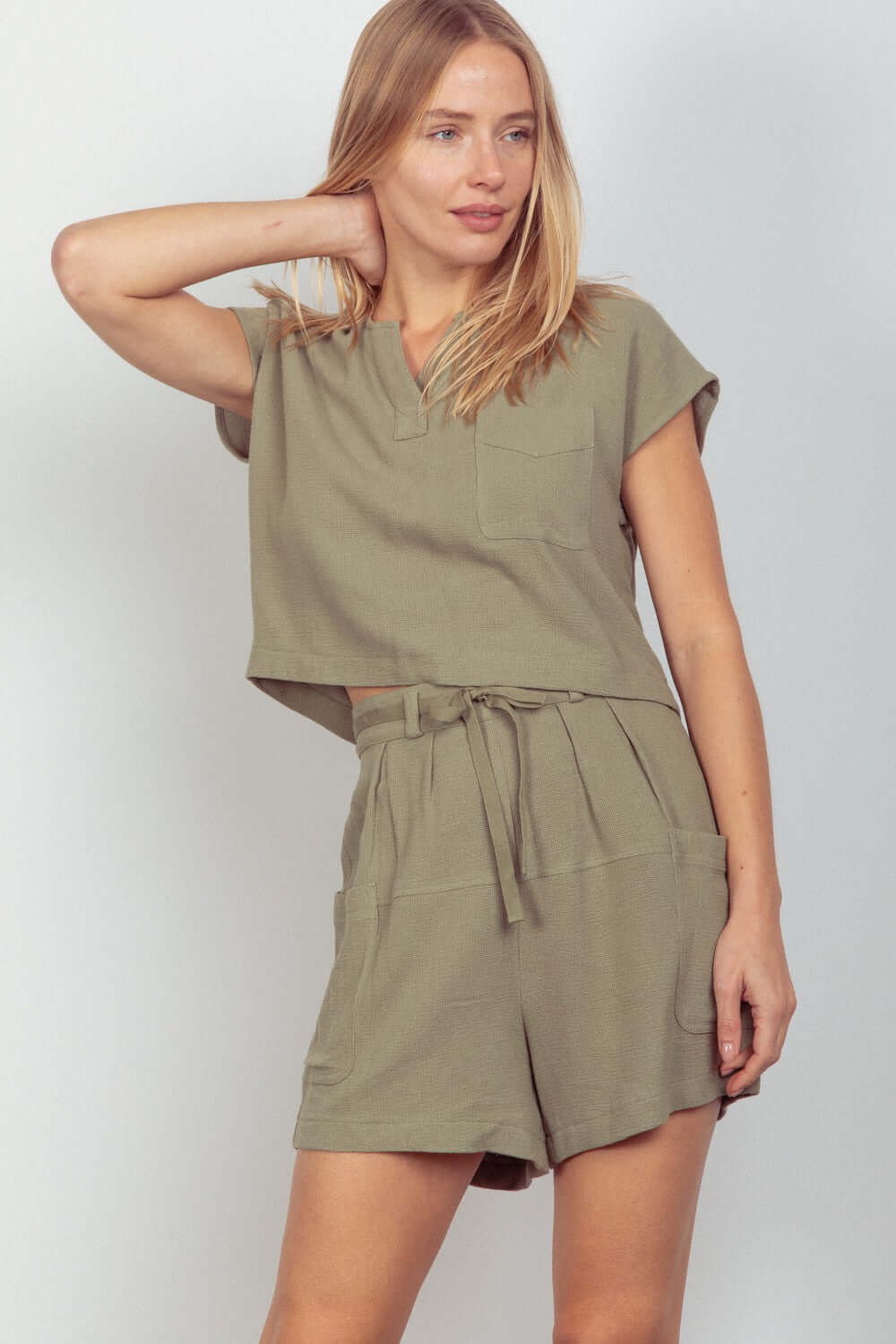 VERY J Woven Cropped Top & Waist Tie Shorts Set at Bella Road