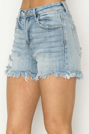 Fashionable Raw Hem Denim Shorts by Risen Jeans, showcasing edgy raw hem and classic light wash design for a stylish summer wardrobe addition.