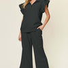 Texture Ruffle Short Sleeve Top and Drawstring Wide Leg Pants Set - Black