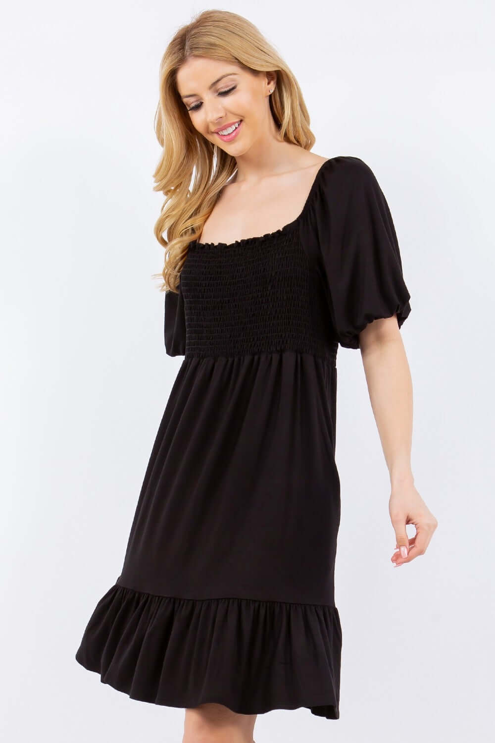 CELESTE Full Size Ruffle Hem Short Sleeve Smocked Dress at Bella Road