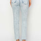 High rise distressed skinny jeans by Risen Jeans with figure-flattering silhouette and cool distressed details shown from the back.