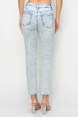 High rise distressed skinny jeans by Risen Jeans with figure-flattering silhouette and cool distressed details shown from the back.