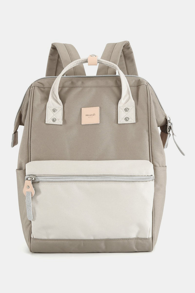 Himawari water-resistant large canvas backpack with side pockets in beige and white, made of eco-friendly polyester. Perfect for adventures.