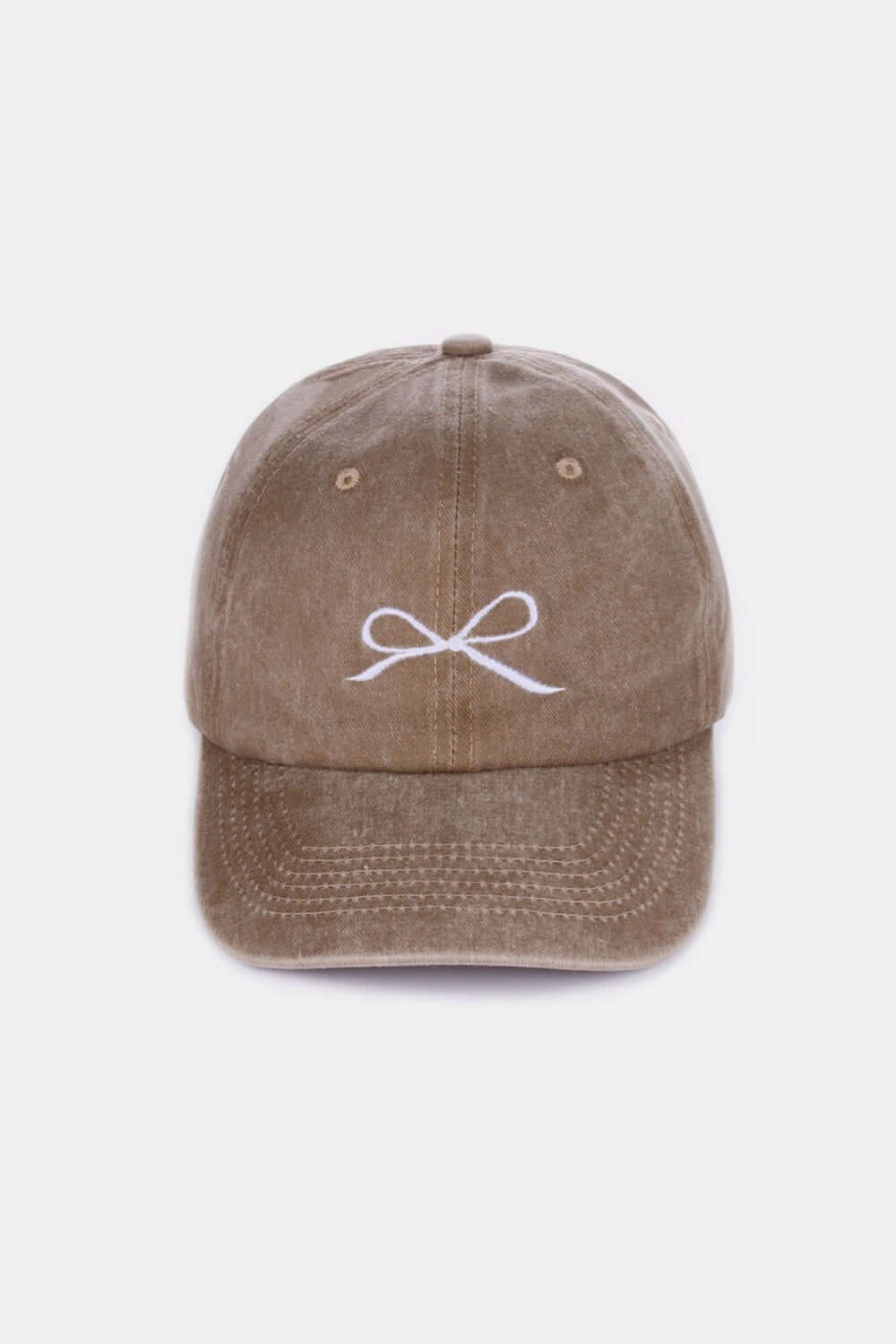 Bow Embroidered Washed Cotton Cap in Brown - Stylish and Comfortable Headwear with Delicate Bow Embroidery and Breathable Fit