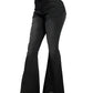 Stylish black raw hem flare jeans with pockets and buttoned closure, featuring a moderate stretch for a comfortable fit.