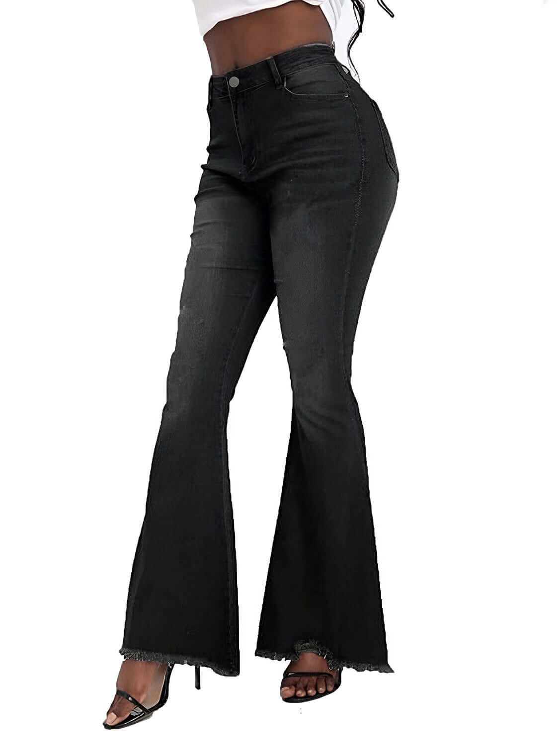 Stylish black raw hem flare jeans with pockets and buttoned closure, featuring a moderate stretch for a comfortable fit.