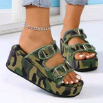 Bella Road Raw Hem Wedge Buckle Sandals in moss green camo, featuring stylish buckle design and comfortable platform.