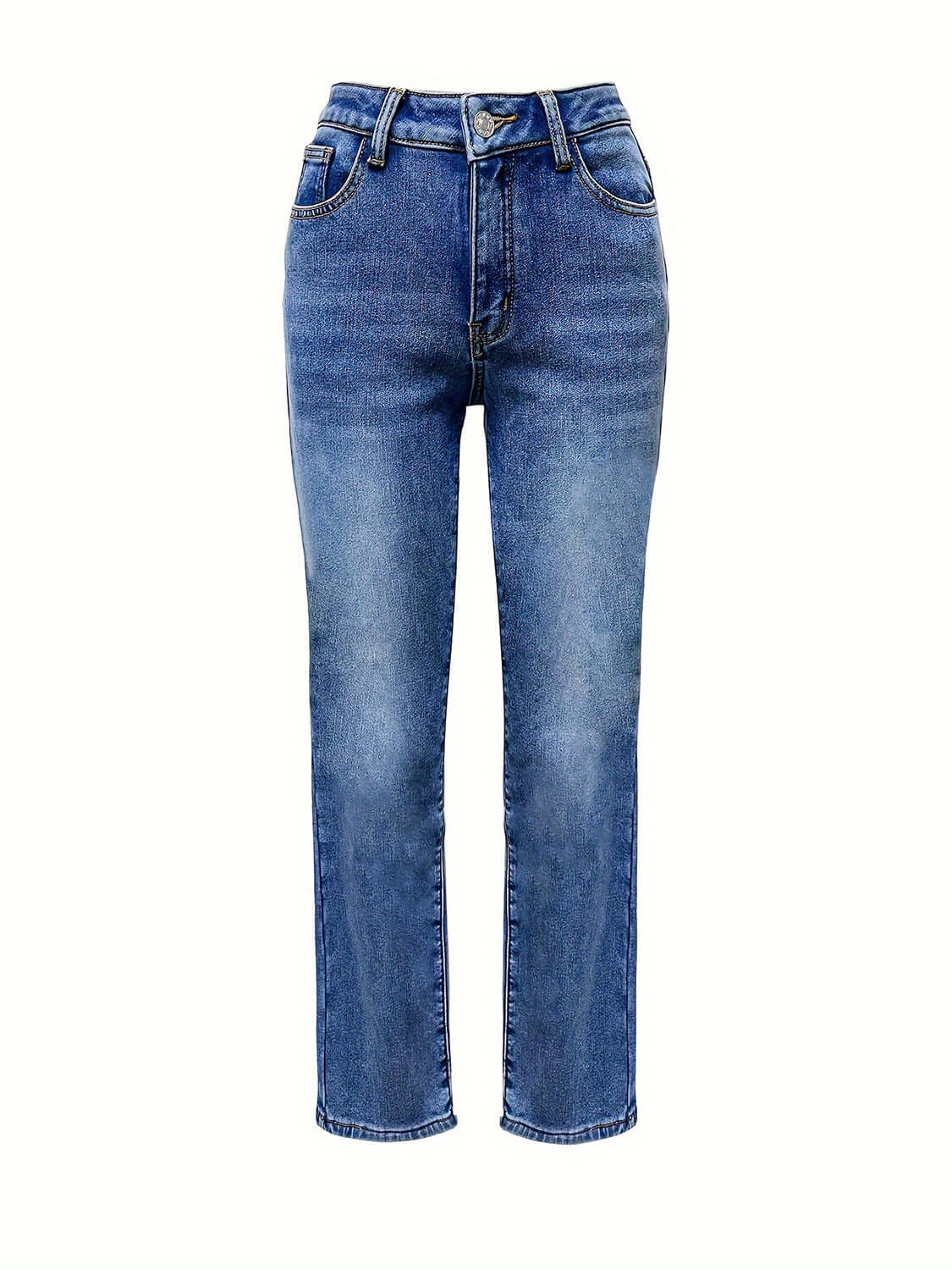 Bella Road Straight Leg Jeans with spacious pockets in blue, featuring slightly stretchy material for comfort and style. Perfect for casual wear.