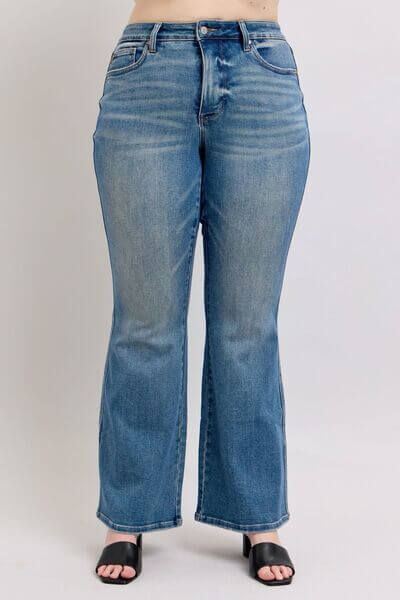 Tummy control vintage wash jeans with a flattering fit and stylish flare, perfect for any occasion.