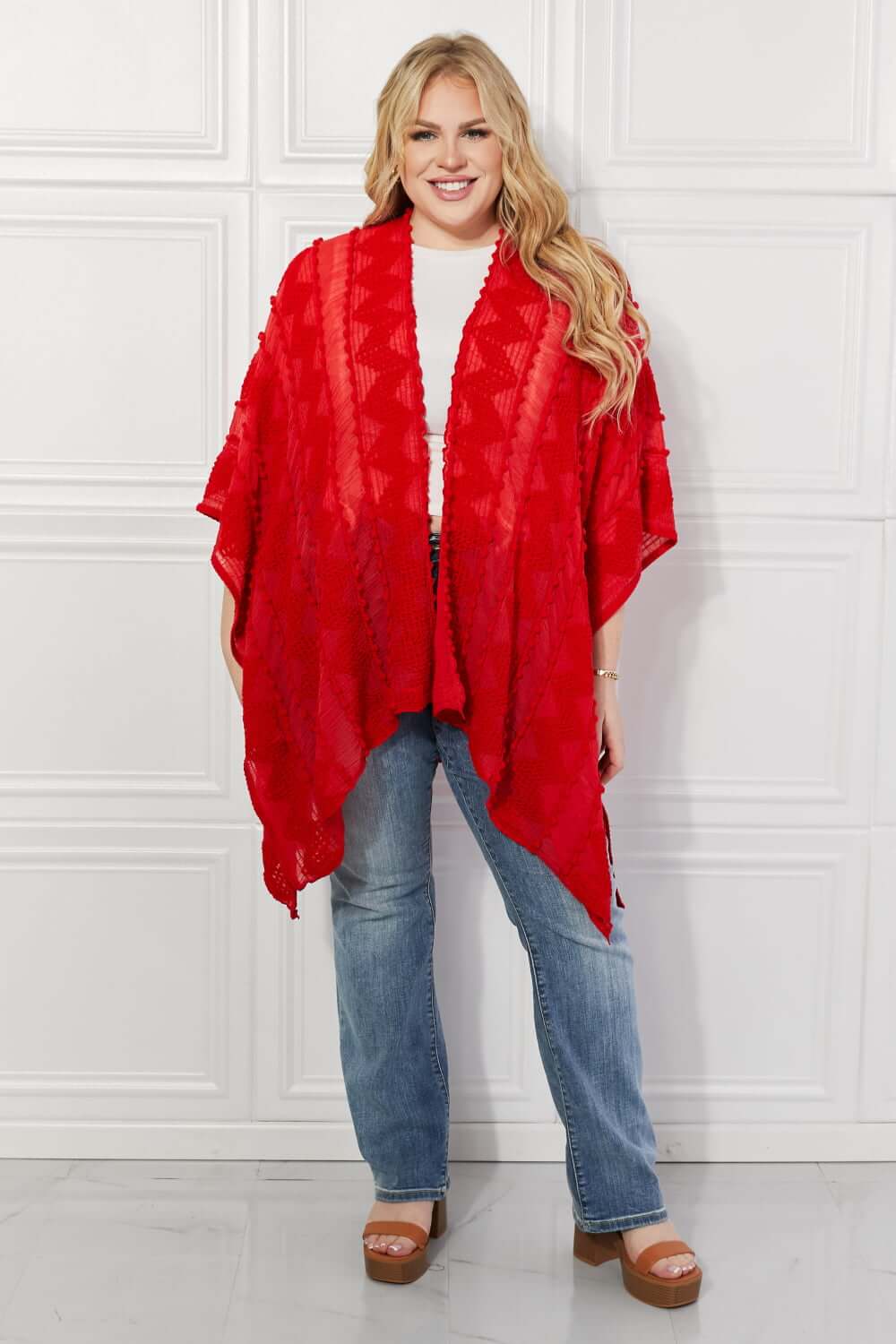 JUSTIN TAYLOR Pom-Pom Asymmetrical Poncho Cardigan in Red at Bella Road