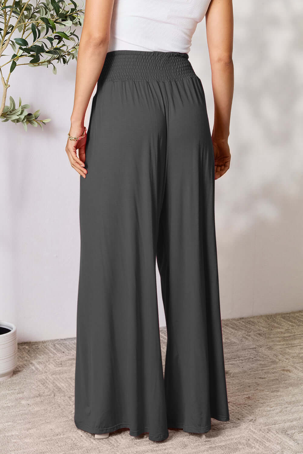 DOUBLE TAKE Full Size Smocked Wide Waistband Wide Leg Pants at Bella Road