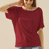 Boat Neck Short Sleeve Ruched Side Top - BURGUNDY