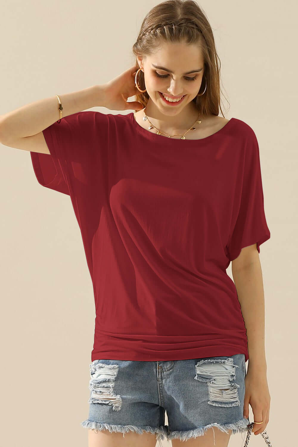 NINEXIS Boat Neck Short Sleeve Ruched Side Top at Bella Road