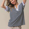 Contrast Striped Notched Knit Top - Black/Ivory