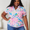 Floral Notched Neck Short Sleeve Top - Multicolor