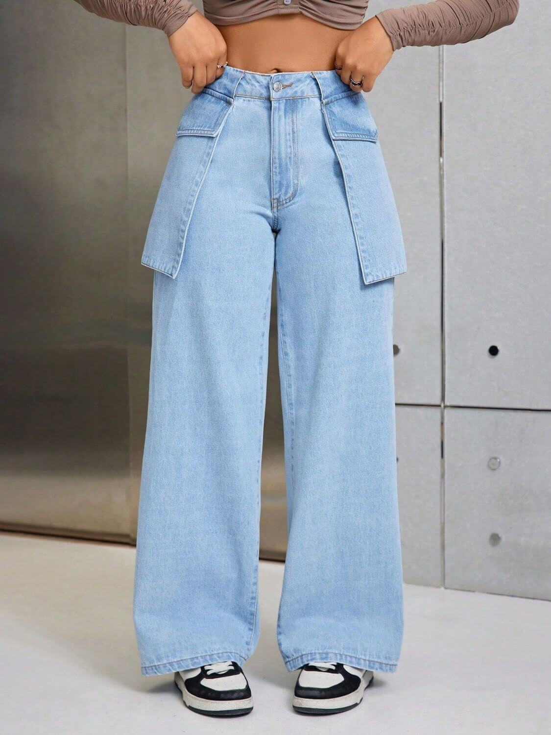 Bella Road wide leg jeans with pockets in light blue, perfect for stylish streetwear.