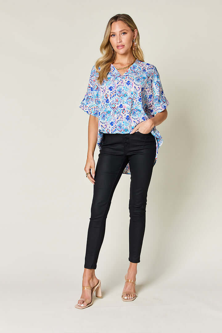 DOUBLE TAKE Full Size Printed V-Neck Short Sleeve Blouse at Bella Road