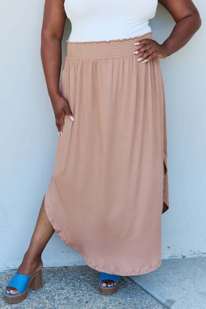 DOUBLJU Comfort Princess Full Size High Waist Scoop Hem Maxi Skirt in Tan at Bella Road