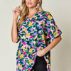 Printed V-Neck Short Sleeve Blouse | Full Size - Mid Green