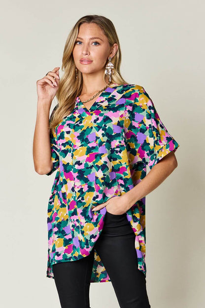 DOUBLE TAKE Full Size Printed V-Neck Short Sleeve Blouse at Bella Road