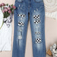 Baeful Checkered Patchwork Distressed Mid Waist Jeans Flat Lay