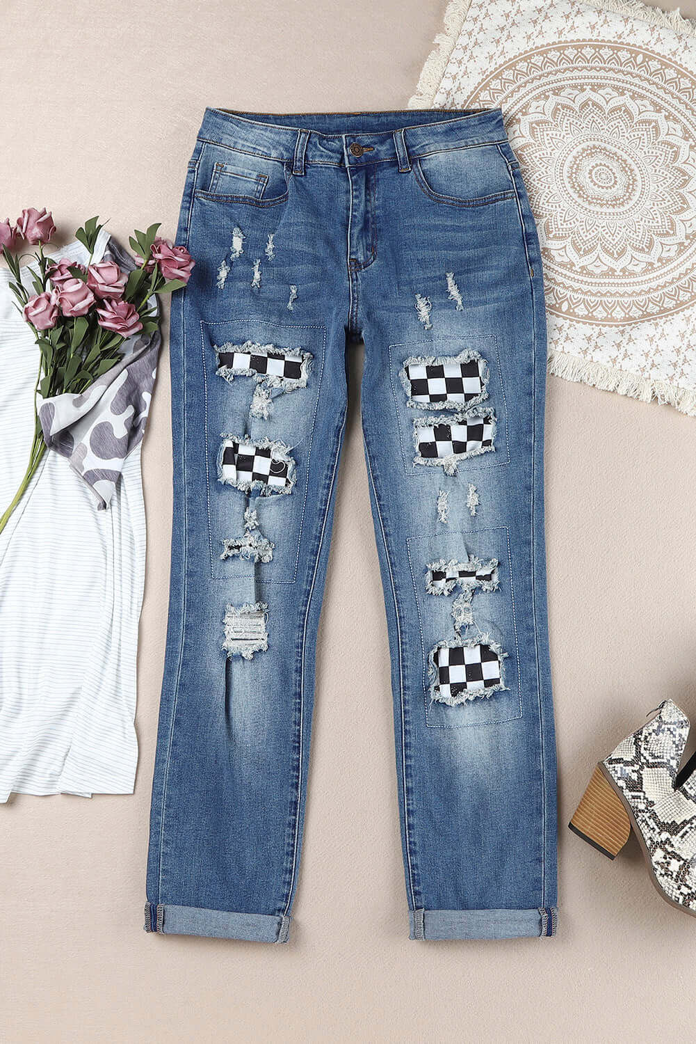 Baeful Checkered Patchwork Distressed Mid Waist Jeans Flat Lay