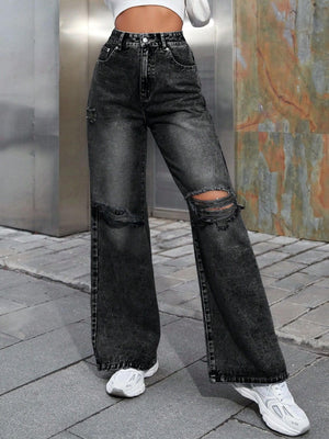 Distressed wide leg jeans with pockets from Bella Road, perfect for casual occasions, providing comfort and convenience.