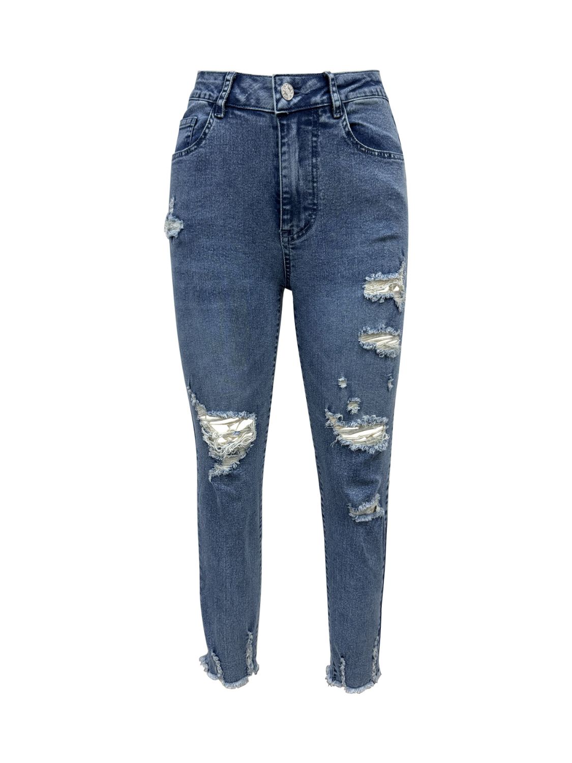 Trendy Bella Road Distressed Raw Hem Jeans with Pockets, edgy style with moderate stretch fabric for a fashion-forward look.