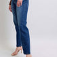 Judy Blue full-size straight jeans with side seam detail showcased on a model wearing heels, perfect for everyday style.