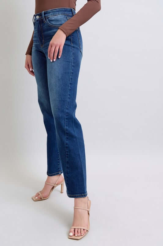 Judy Blue full-size straight jeans with side seam detail showcased on a model wearing heels, perfect for everyday style.