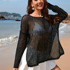 Openwork Slit Boat Neck Long Sleeve Cover-Up - Black