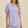 Ribbed V-Neck Short Sleeve Top and Shorts Set - Lavender