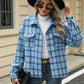 Woman wearing Bella Road Plaid Collared Neck Long Sleeve Jacket with hat and sunglasses.