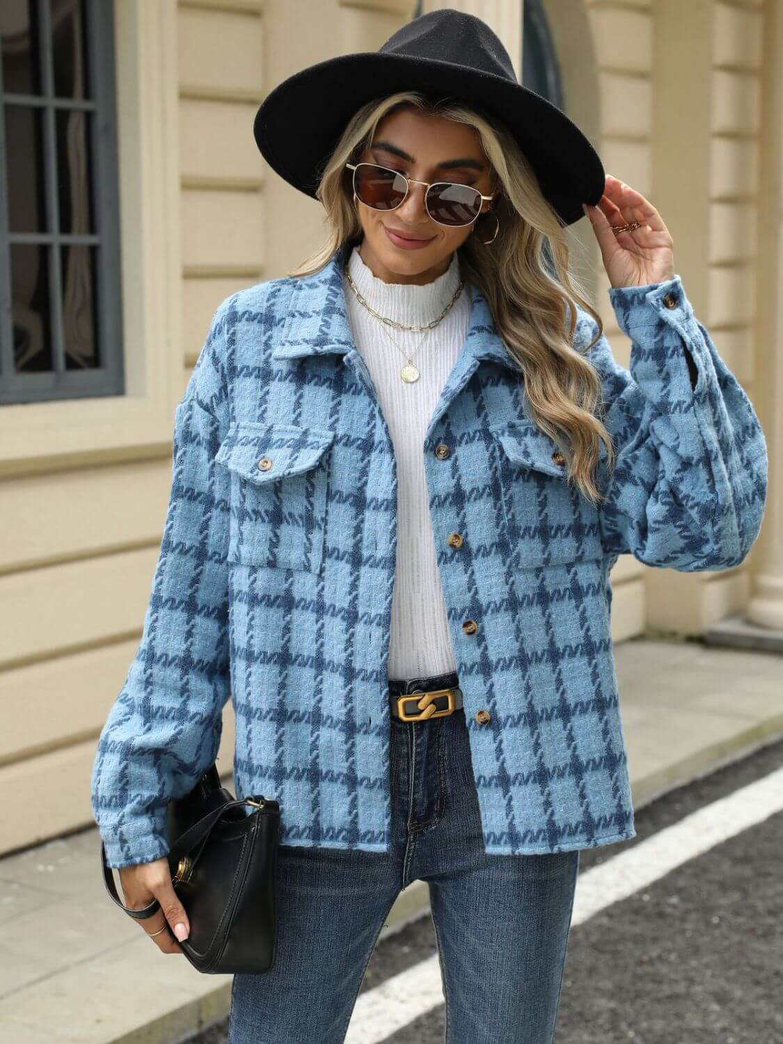 Woman wearing Bella Road Plaid Collared Neck Long Sleeve Jacket with hat and sunglasses.