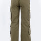 Back view of American Bazi plus size button waist high rise cargo pants in olive green with utility pockets.