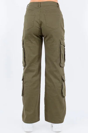 Back view of American Bazi plus size button waist high rise cargo pants in olive green with utility pockets.