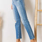 High Rise Distressed Slim Straight Jeans showcasing a flattering silhouette with classic hem and edgy distressed details, perfect for any occasion.