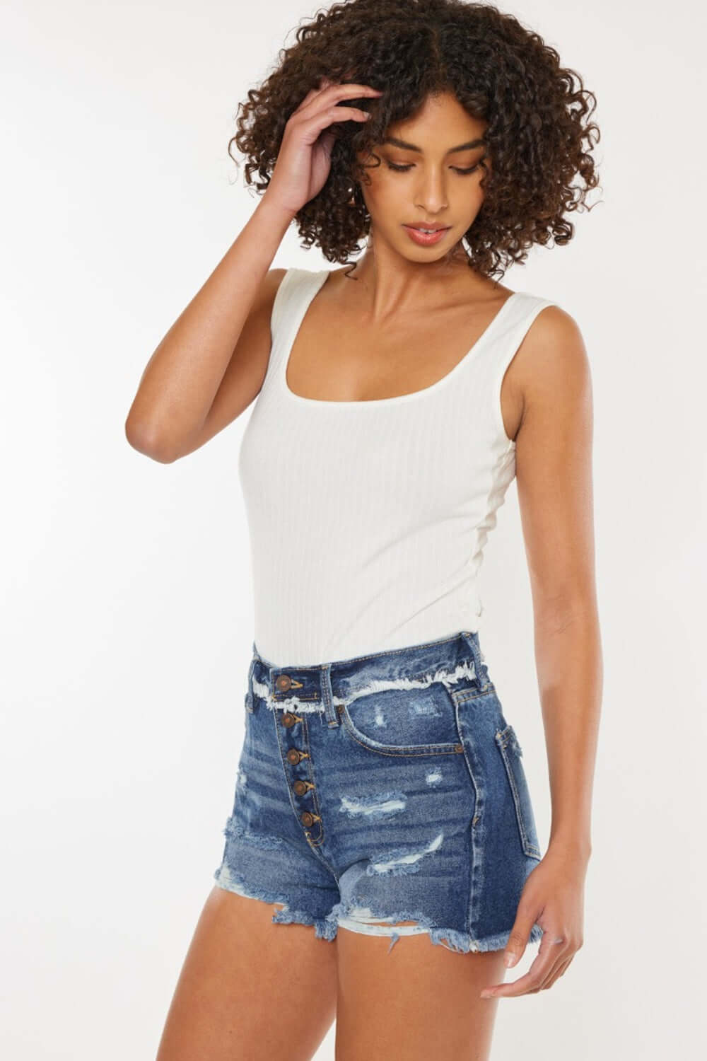 KANCAN Distressed Button Fly Denim Shorts at Bella Road