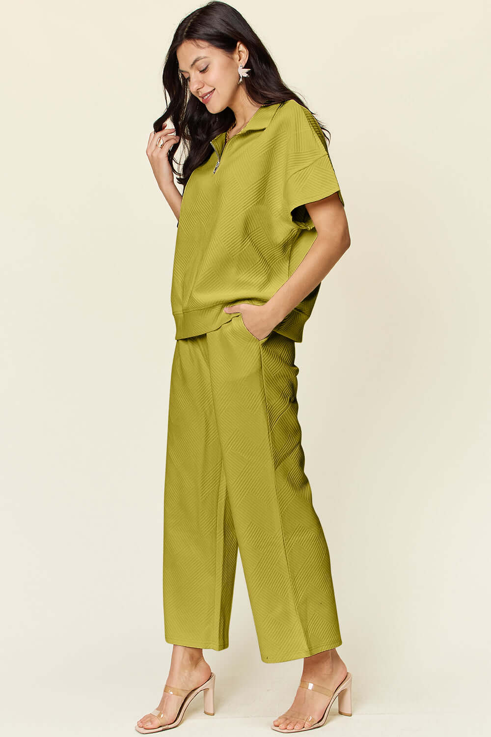 DOUBLE TAKE Full Size Texture Half Zip Short Sleeve Top and Pants Set at Bella Road