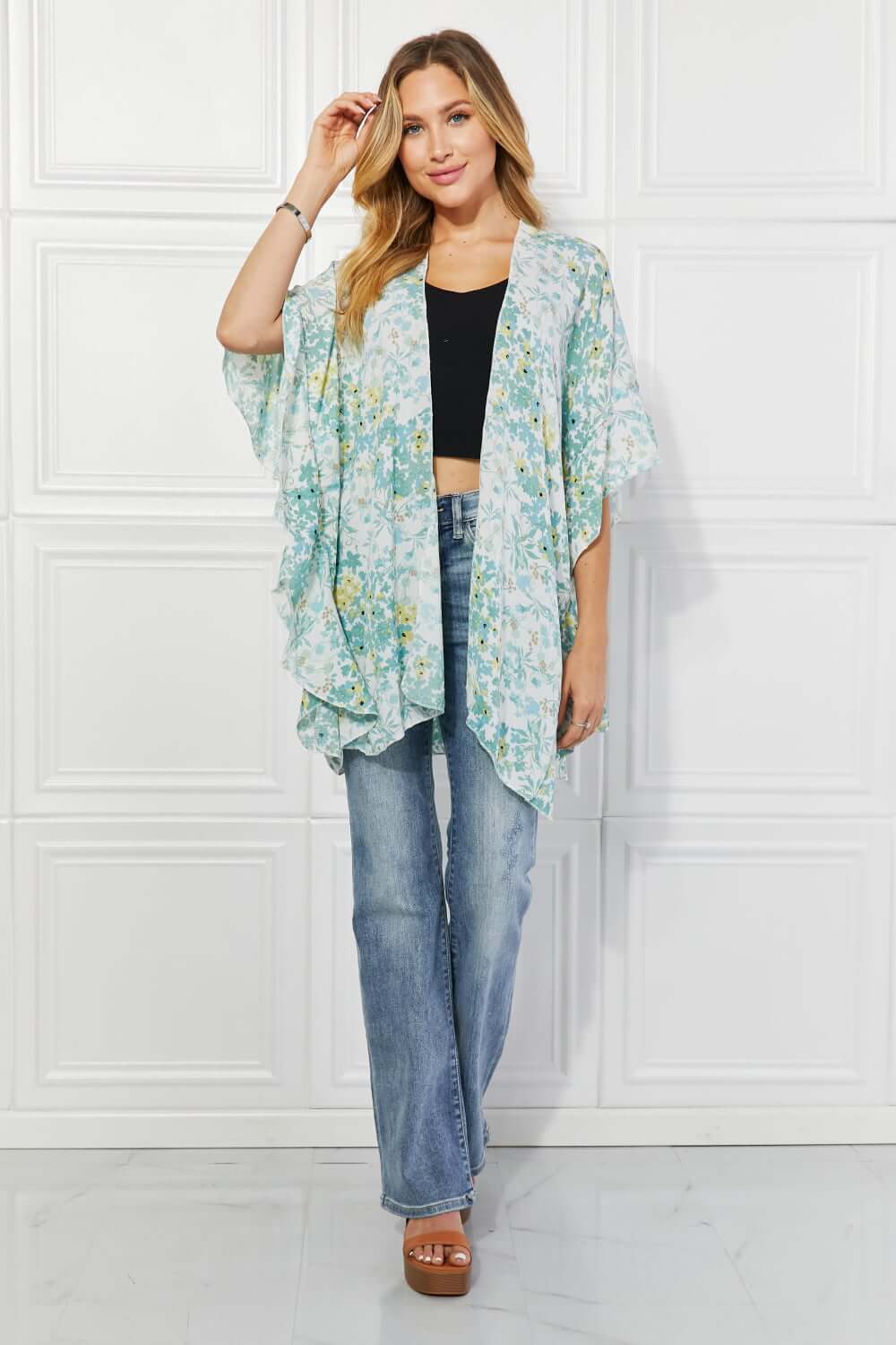 JUSTIN TAYLOR Fields of Poppy Floral Kimono in Green at Bella Road