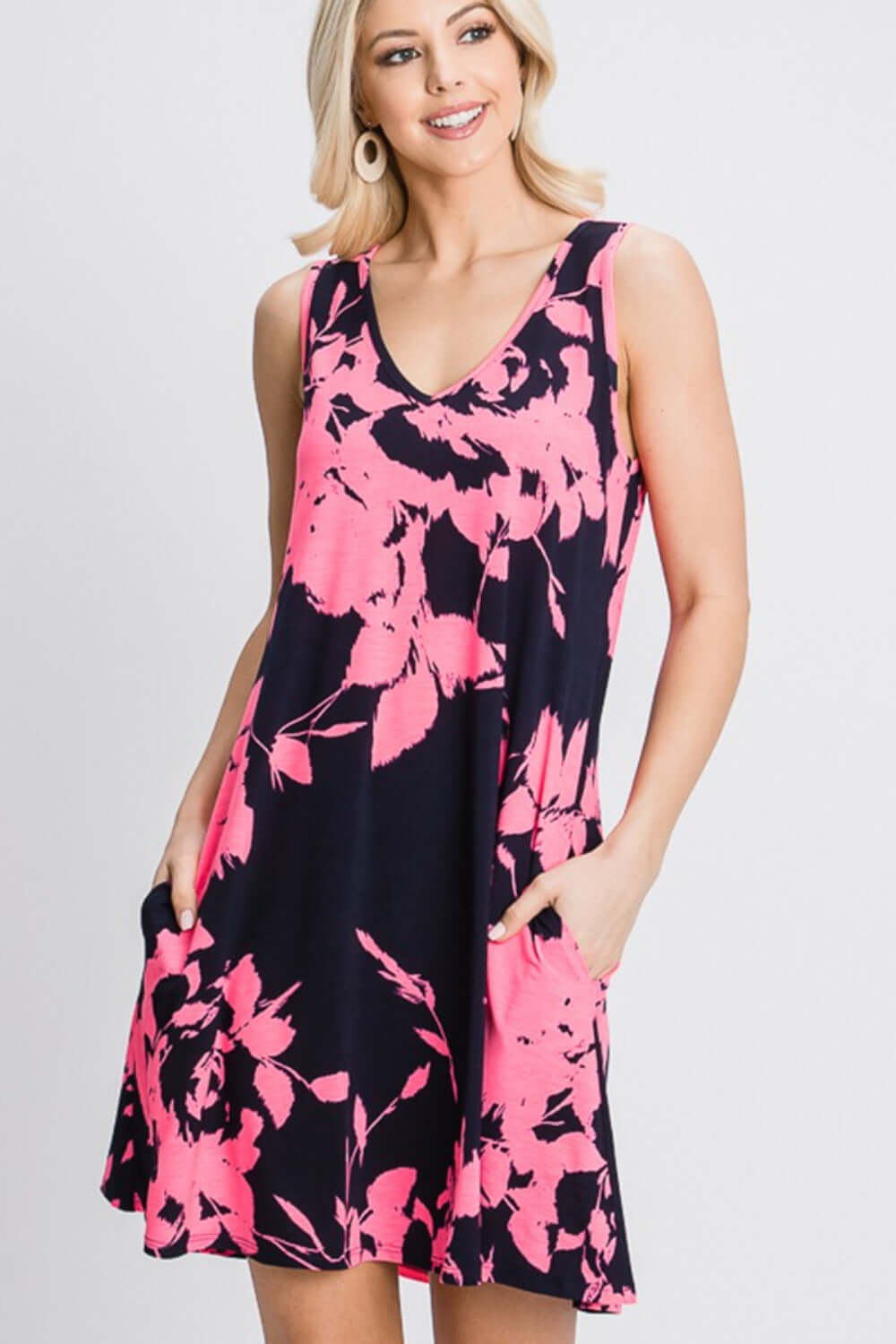 HEIMISH Full Size Floral V-Neck Tank Dress with Pockets at Bella Road