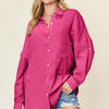 Pocketed Texture Button Up Shirt | Full Size - Hot Pink