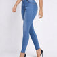 Bella Road High Rise Skinny Jeans with pockets in blue, showing side view on model with moderate stretch and comfortable fit