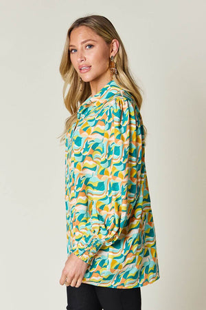 DOUBLE TAKE Full Size Printed Smocked Long Sleeve Blouse at Bella Road