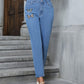 Bella Road Denim butterfly embroidered straight leg jeans in medium wash, showcasing whimsical designs and stylish comfort.