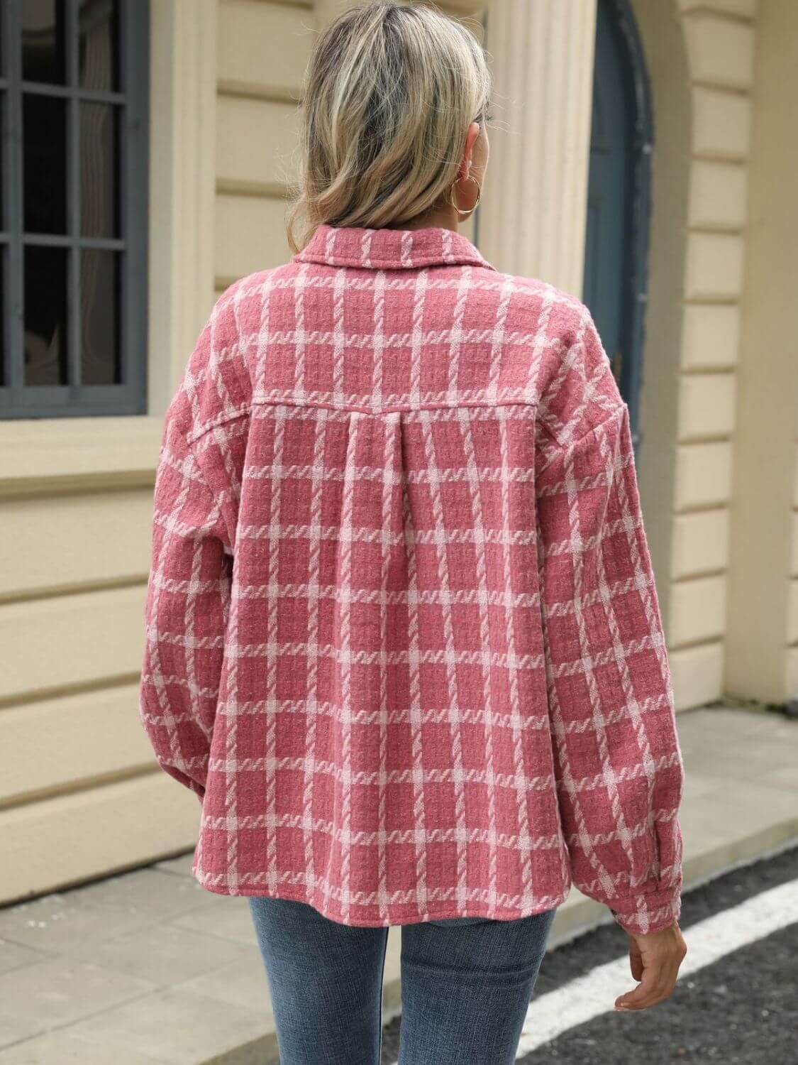 Woman wearing Bella Road Plaid Collared Neck Long Sleeve Jacket with unique plaid pattern and collared neck design from the back.