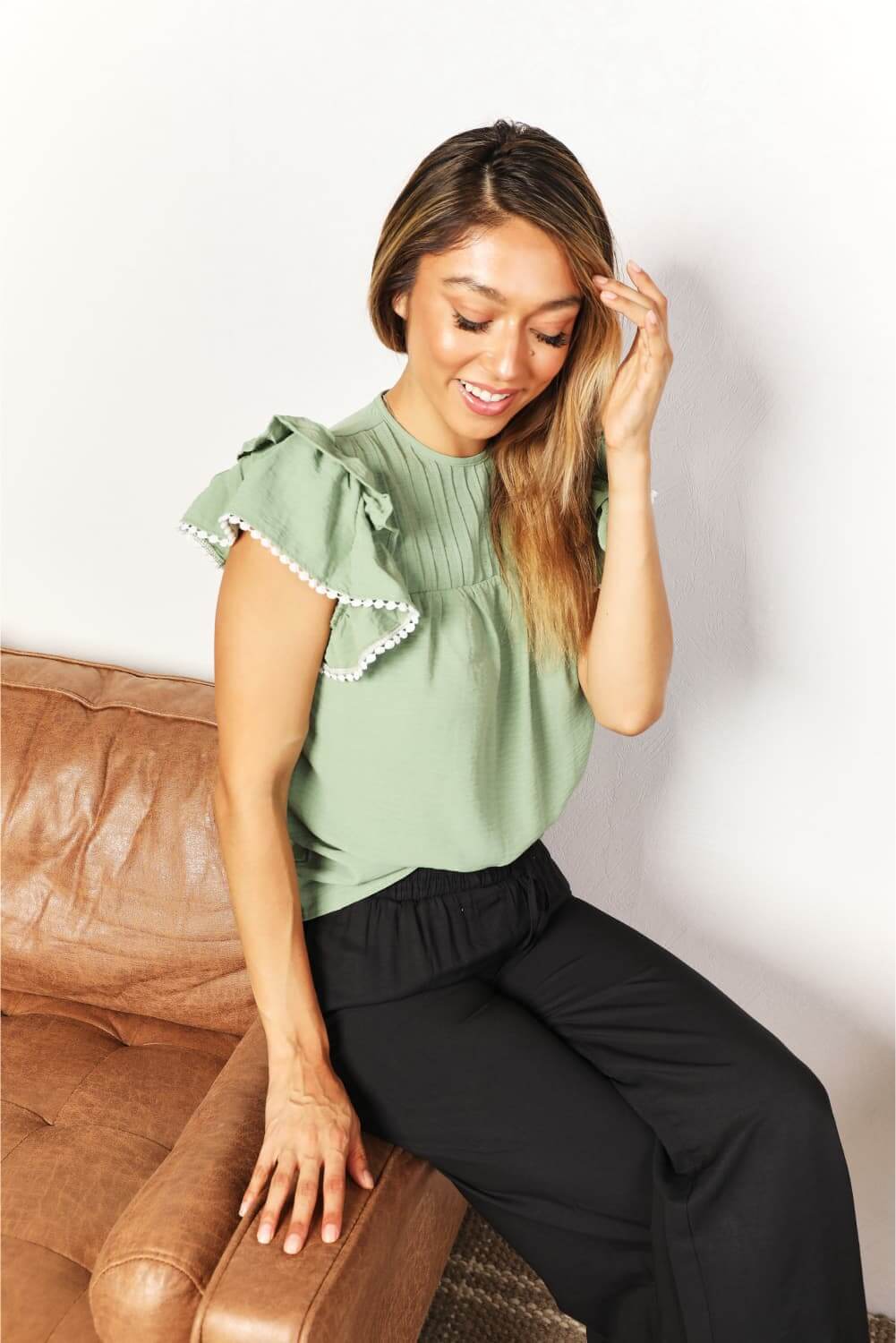 DOUBLE TAKE Pleated Detail Flutter Sleeve Blouse at Bella Road