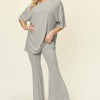 Round Neck Drop Shoulder T-Shirt and Flare Pants Set | Full Size - Light Gray